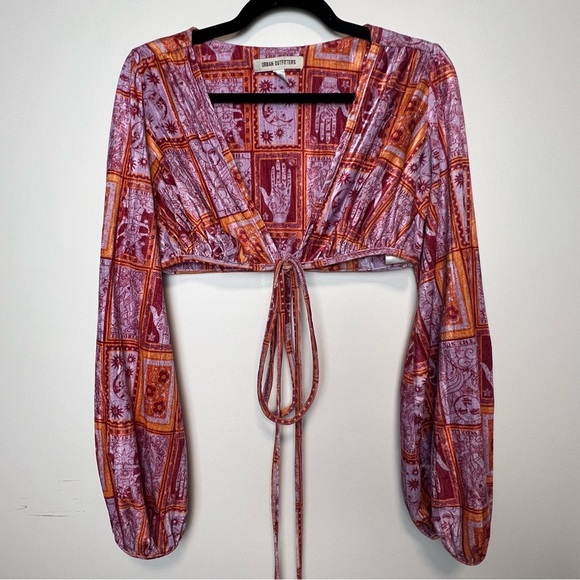 Urban Outfitters Boho Pink Patchwork Wrap Top Balloon Sleeve Crop Blouse M - Picture 3 of 6